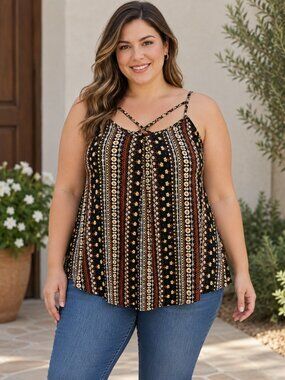 SHEIN Curve 2XL Black Orange Boho Floral Strappy Swing Tank Top Plus Size